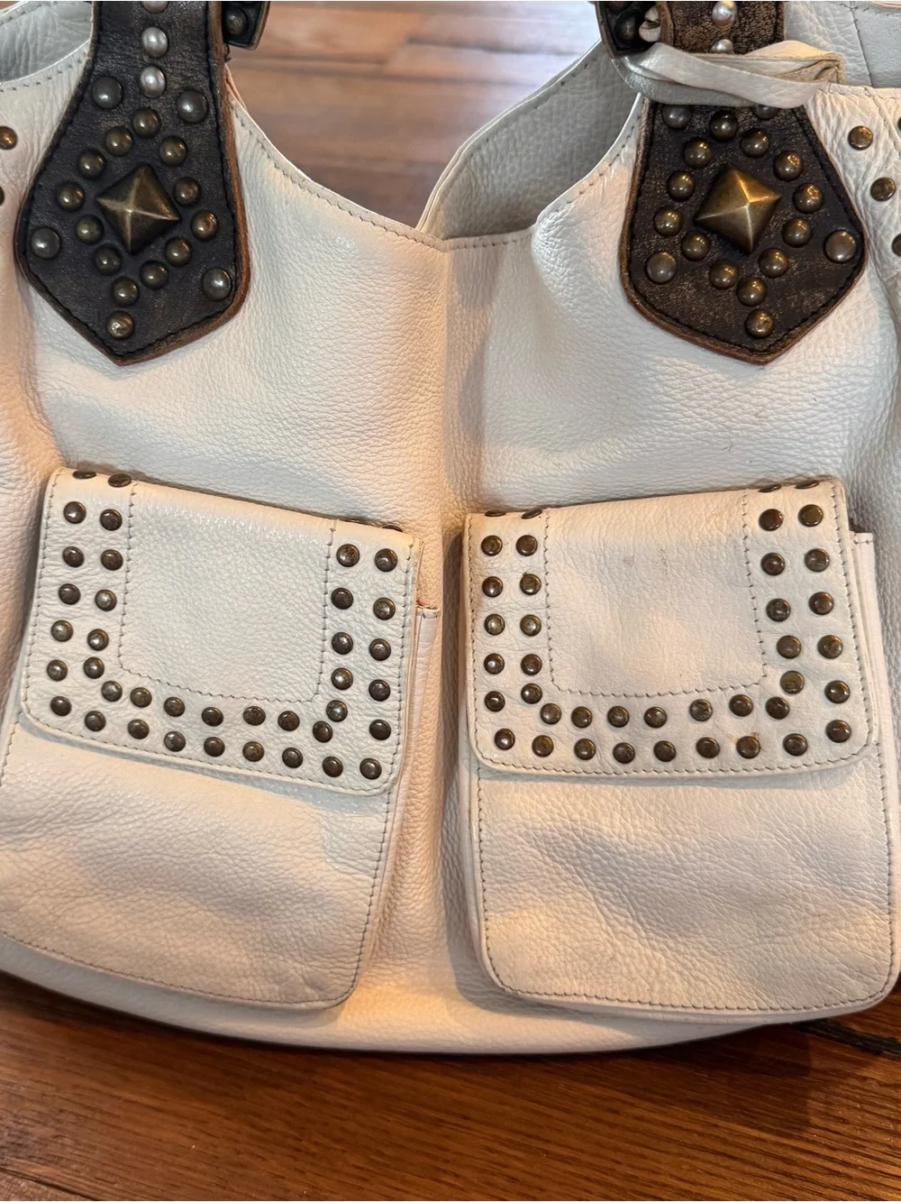 Betsey Johnson Cream Vintage Y2K Leather Shoulder Bag with Brown Studded Straps